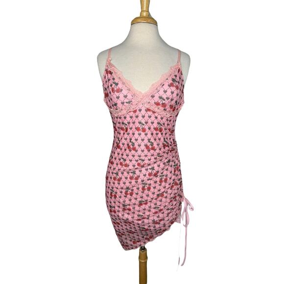 CIDER Cherry Heart Mini Dress Sz XL Women Barbiecore Lace Strappy Date Festival - Picture 1 of 8